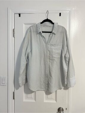Light Blue and White Striped Women’s Gauzy Button-Up Shirt